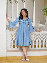 Blue Thread Embroidered Cotton Denim Dress-J4806BLUE